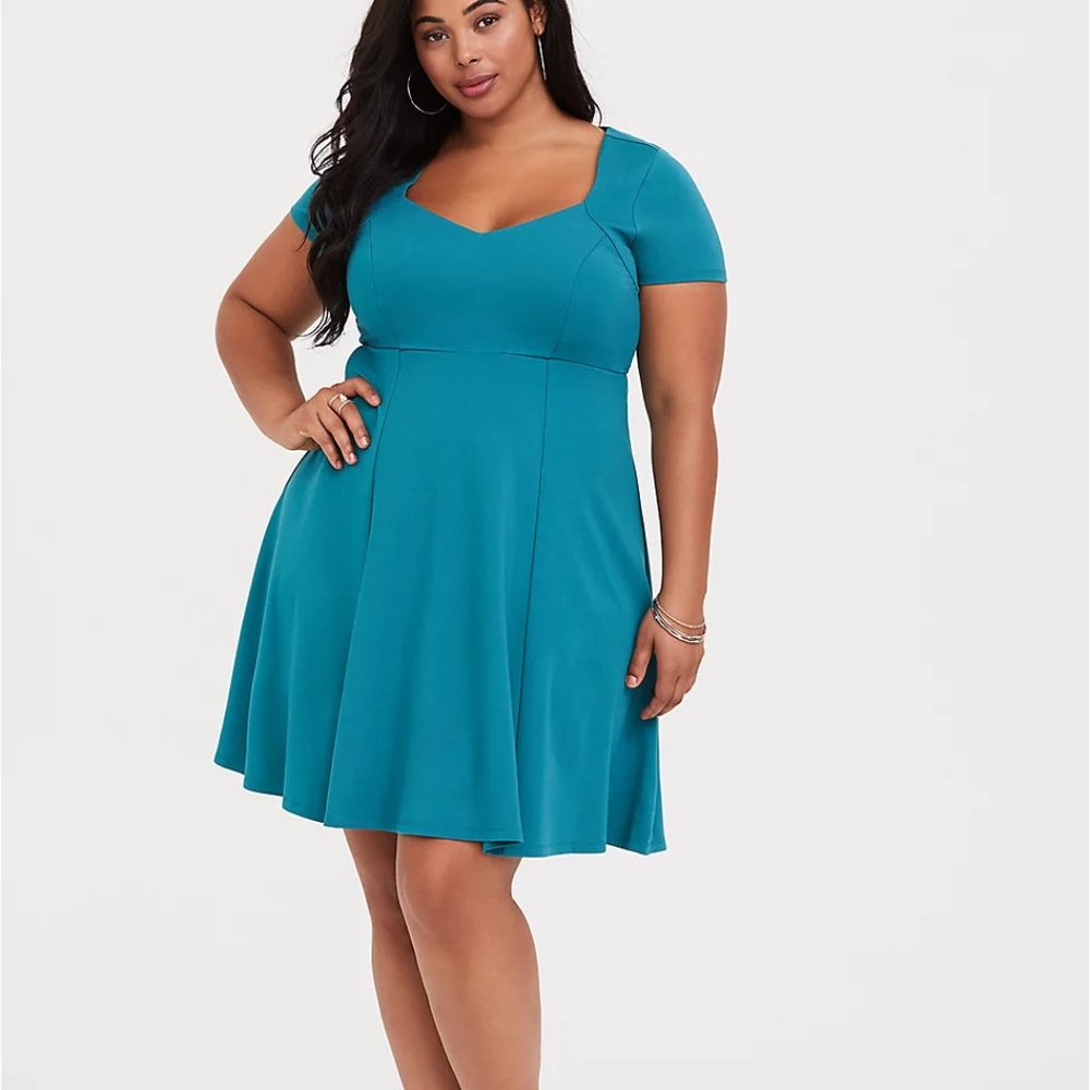 Torrid Aqua Teal Ponte Skater Dress, Sweatheart Neck, Women's Plus Size 3X